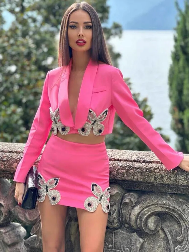 

Luxury Diamonds Butterfly Blazer Skirt Outfit Spring Women Long Sleeves Jacket+High Waist Mini Bust Skirt Autumn Two Piece Set
