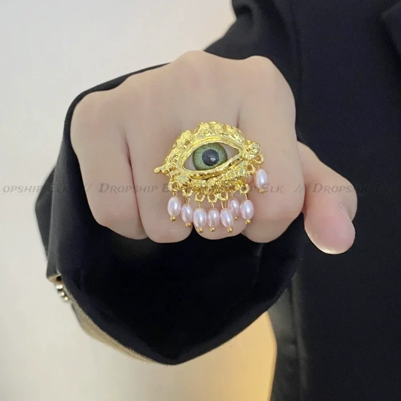 미적 빈티지 악마의 눈 반지 Tassels 모방 진주 유약 반지 유행 섬세한 오프닝 손가락 반지 파티 호의