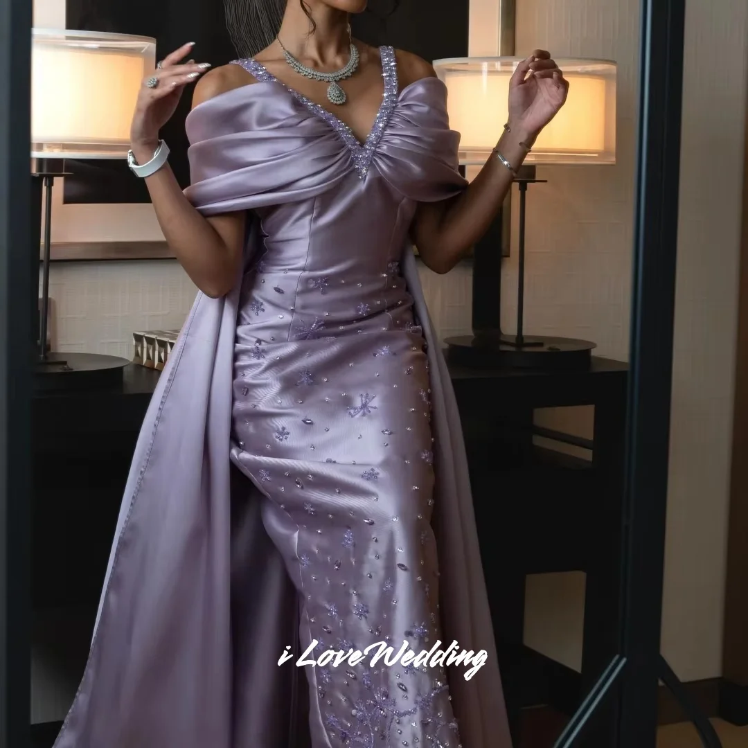 Purple Spaghetti Strap Mermaid Prom Dresses V-neck فساتين سهرات Off the Shoulder Beading Trailing Pleated Customized