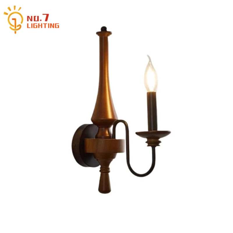 

American Vintage Solid Wood Candle Wall Lamp LED E14 French Medieval Bedroom Bedside Wall Mounted Hotel Corridor Study Tea Room