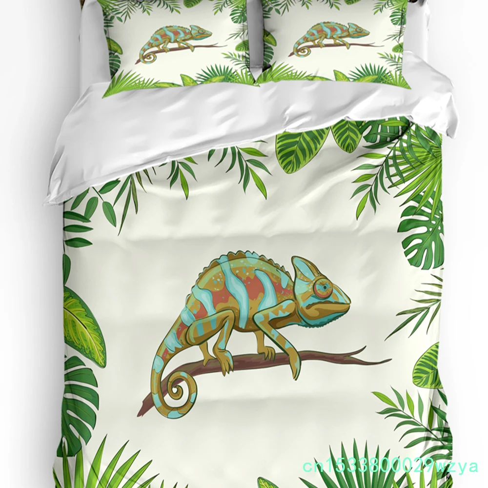 Chameleon Animal Leaves Bedding Set 3pcs Boys Girls Duvet Cover Pillowcase Kids Adult Quilt Cover Double Bed Set Home Textile