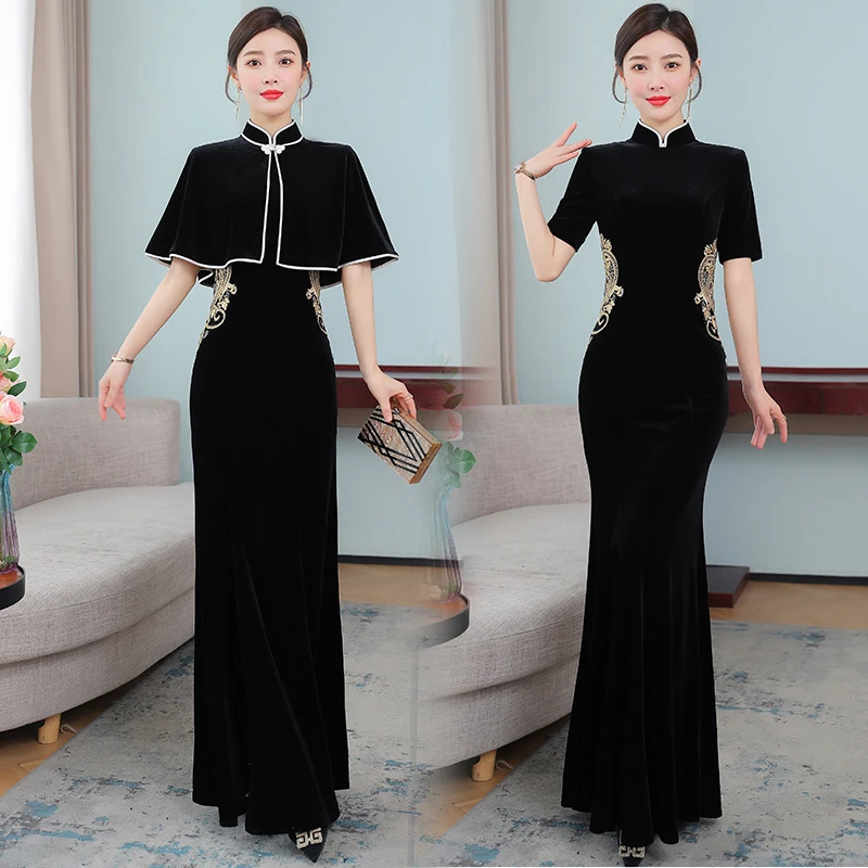 

Black Fashion Qipao Shawl Elegance Modern Asian Dress Retro Chinese Style Long Cheongsam Women China Clothes Slim Fishtail Dress