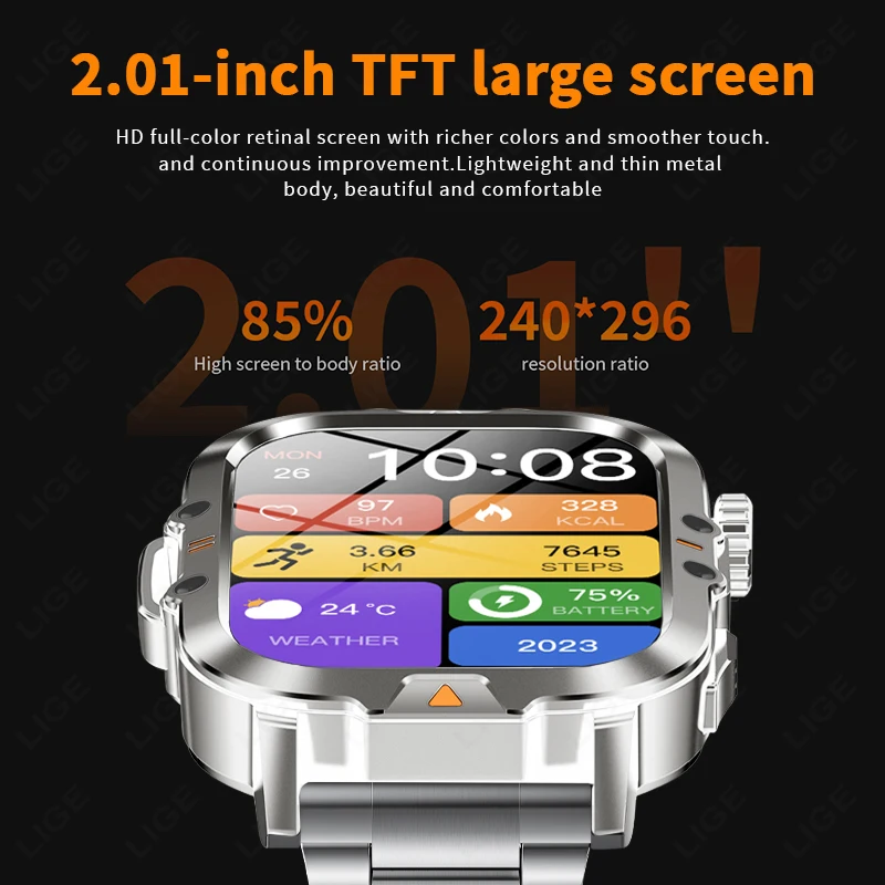 LIGE Smartwatch Men Flashlight BT Call SPO2 Heart Rate Health Monitoring Fitness Tracker 2.01-inch Smart Watches For Android IOS