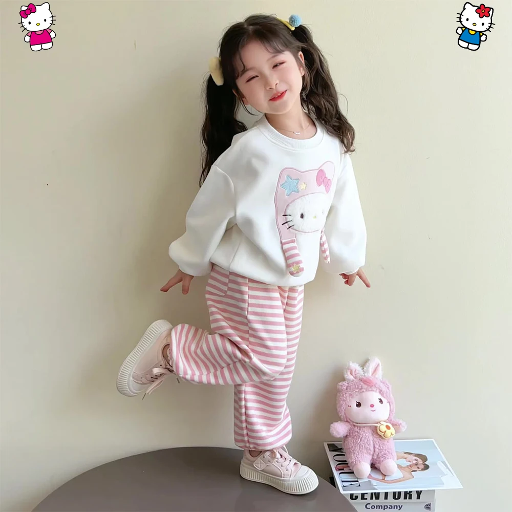 

2Pcs Kawaii Children Hellokitty Girl Set Autumn Long Sleeved Sweatshirt Striped Trousers Sweet Cartoon Sanrio Princess Clothing