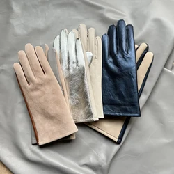 Real Sheepskin Gloves Women's Contrast Gloves One Size Fits All Wrist Soft And Skinny