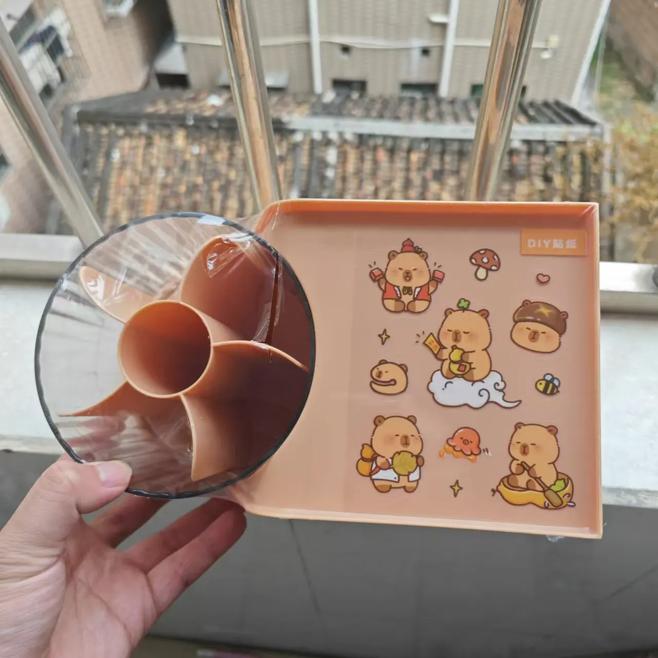 2025 Cartoon Capybara Rotating Pen Holder Tab Storage Box Organizer with Transparent Drawer Desktop Stationery Storage Rack Gift