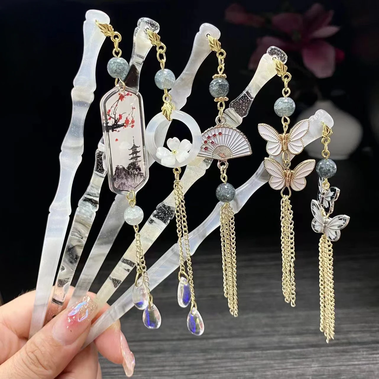 New Chinese Ink Safe Buckle Vinegar Hairpin Women Tassel Butterfly Hairpin Horse Face Skirt Hanfu Qipao Ancient Style Hairpin