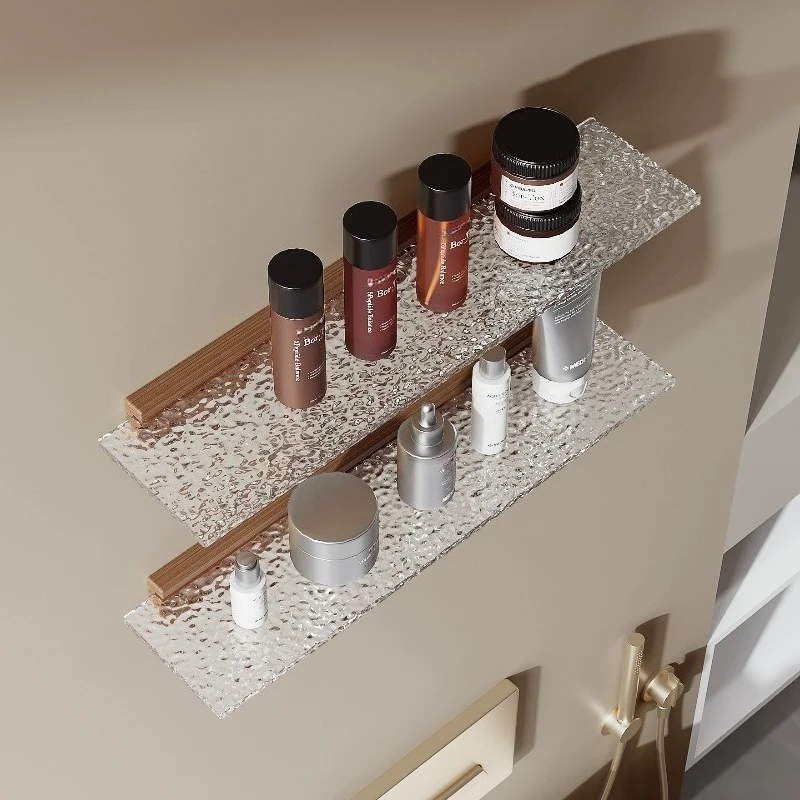 Walnut Grain No Drill Wall Mount Acrylic Storage Tray Simple Bathroom Vanity Organizer For Cosmetic Washroom Toiletry Rack