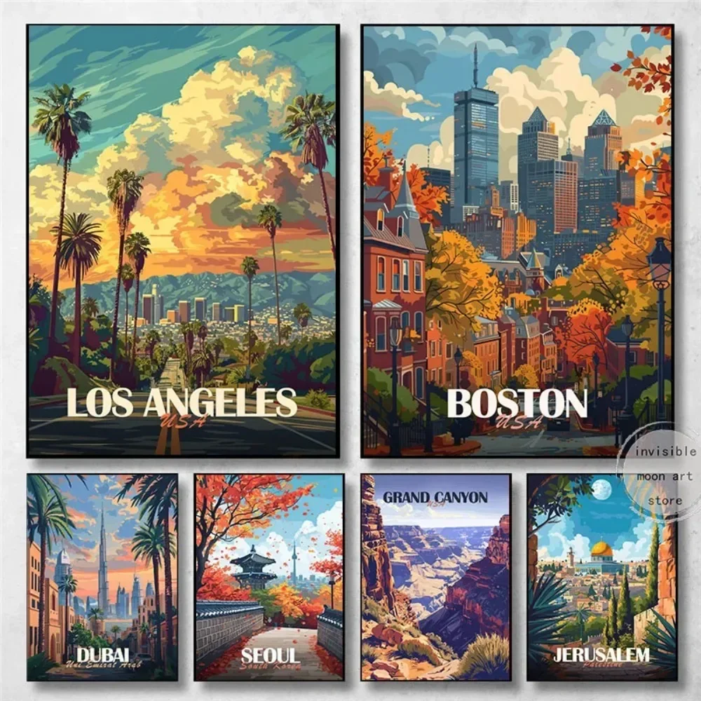 Affiche de voyage du monde de la ville, paysage urbain de Los Angeles, peinture sur toile de Boston, décoration murale pour salon et maison