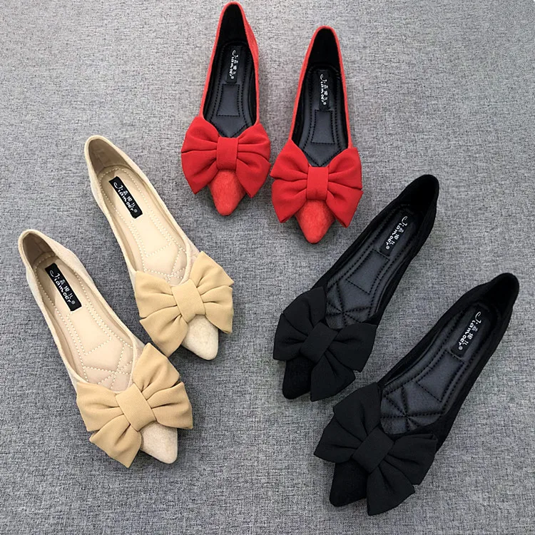 Women Flats Spring Summer Butterfly-knot Bow Velvet Flock Leather Flat Shoes for Women Black Red Apricot Zapatillas Mujer 44 45