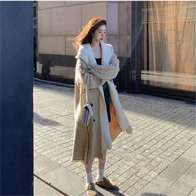 Korean Design Hooded Tassel Knit Cardigan Fake Two Women Autumn and Winter Long Loose Casual Female Sweater Overcoat Streetwear