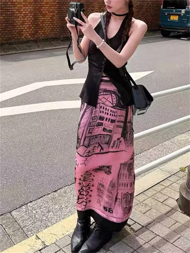 American Retro High Waist Print Pattern Half Skirt  Design Sensation Slimming Versatile Long Pink Skirt Commute Style A-...