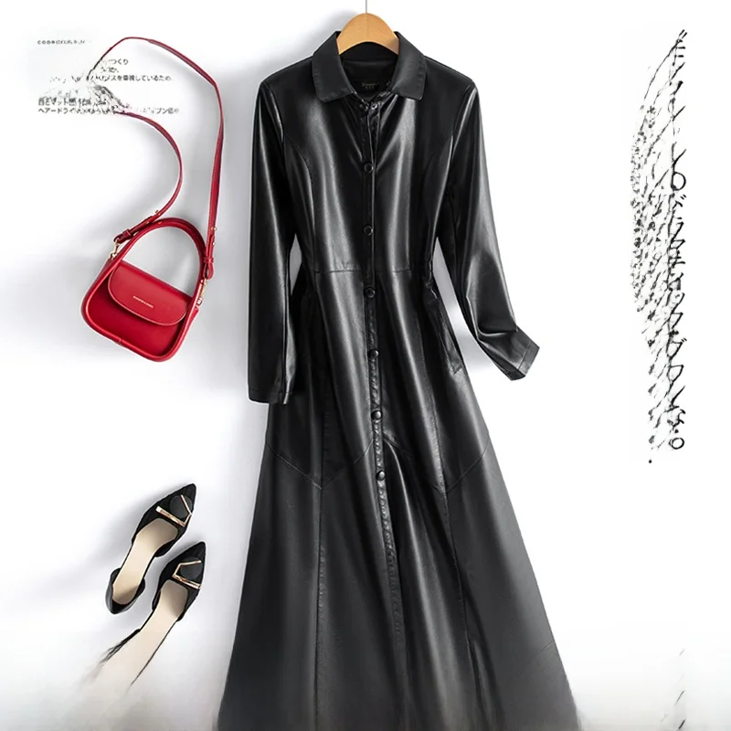 

Haening eepskin Long over Knee Korean Sle Slim Fit 2025 Spring New Genuine Leather Windbreaker Women's Jaet Coat