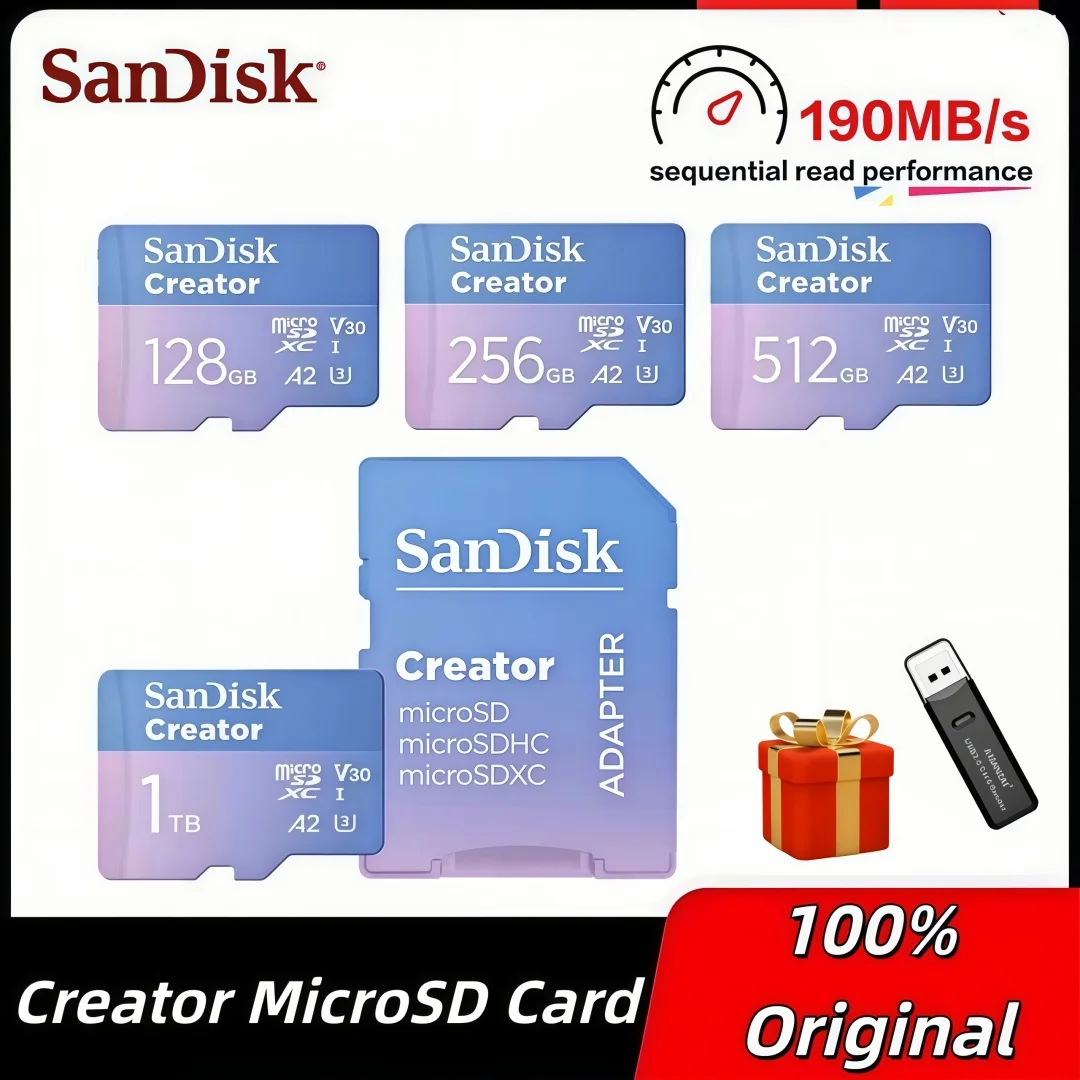 

Карта памяти SanDisk Creator MicroSDXC 128 ГБ V30 A2, 256 ГБ, 512 ГБ, 1 ТБ, Micro SD Card, скорость до 190 МБ/с, TF-карта для 4K-дронов и GoPro