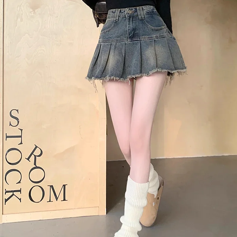 

Ins Summer Women High Waist Pleated Shorts Skirt Jeans Girls Sexy Denim Dress Female Preppy Style Retro Blue A Line Mini Skirts