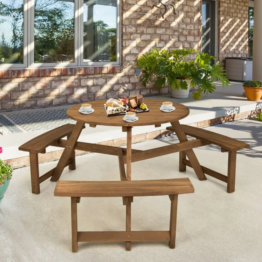 

6-person round wooden picnic table for outdoor use, natural wood color, weather-resistant finish with umbrella hole and 3 built