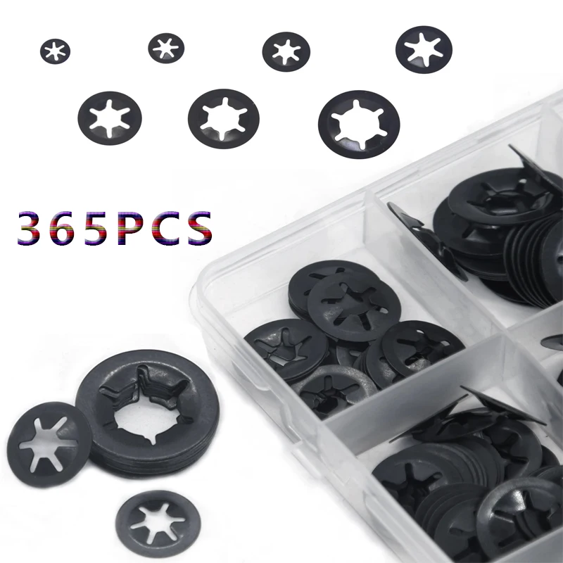 365pcs M2.5 M3 M4 M5 M6 M8 M10 M12 Push-on Locking Washers Star Nut Metal Quick Speed Starlock Washer Fastener Assorted Kit