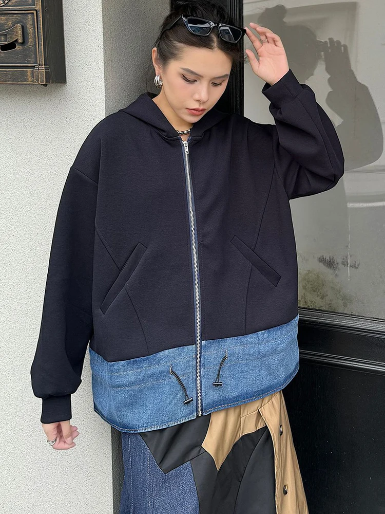 [EAM] Black Denim Drawstring Big Size Casual Jacket New Hooded Long Sleeve Women Coat Fashion Tide Spring Autumn 2024   1DH7591