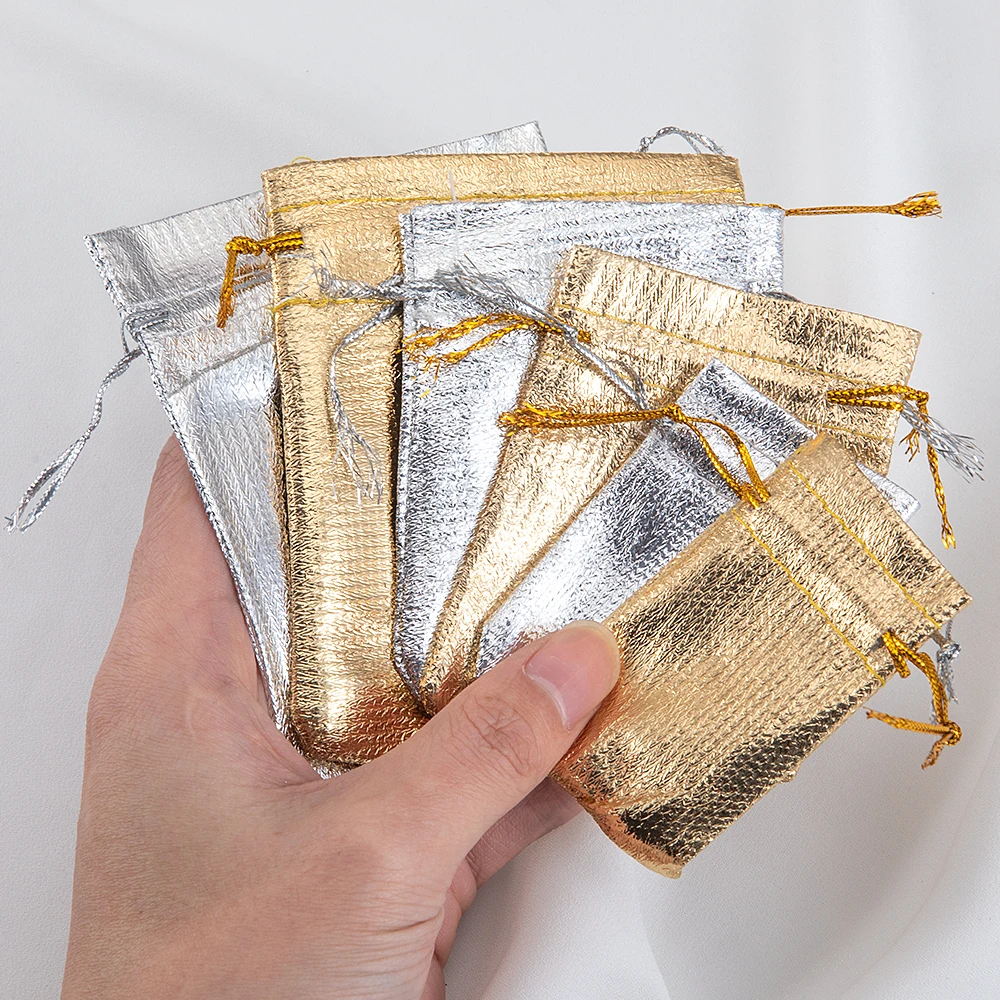 50pcs/lot Jewelry Packing Gold Foil Cloth Drawstring Christmas Gift Packaging Gift Bags7x9cm 9x12cm Wedding Gift Bags Pouches