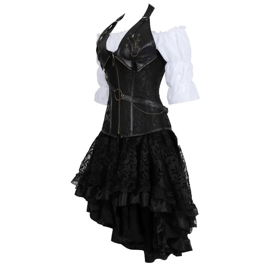 Steampunk Corset Dress Set for Women Asymmetrical Lace Floral Dreses Three-Pieces Set Blouse & Corset & Skirt Pirate Costume