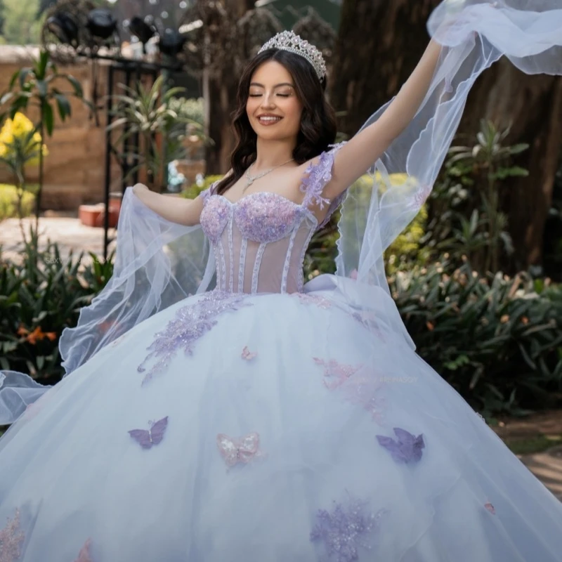 فساتين Quinceanera باللون الأزرق السماوي قبالة الكتف مزينة بفيونكة مطرز بالخرز كريستال تول حفلة عيد ميلاد حلوة 16 فستان Vestidos 15 De