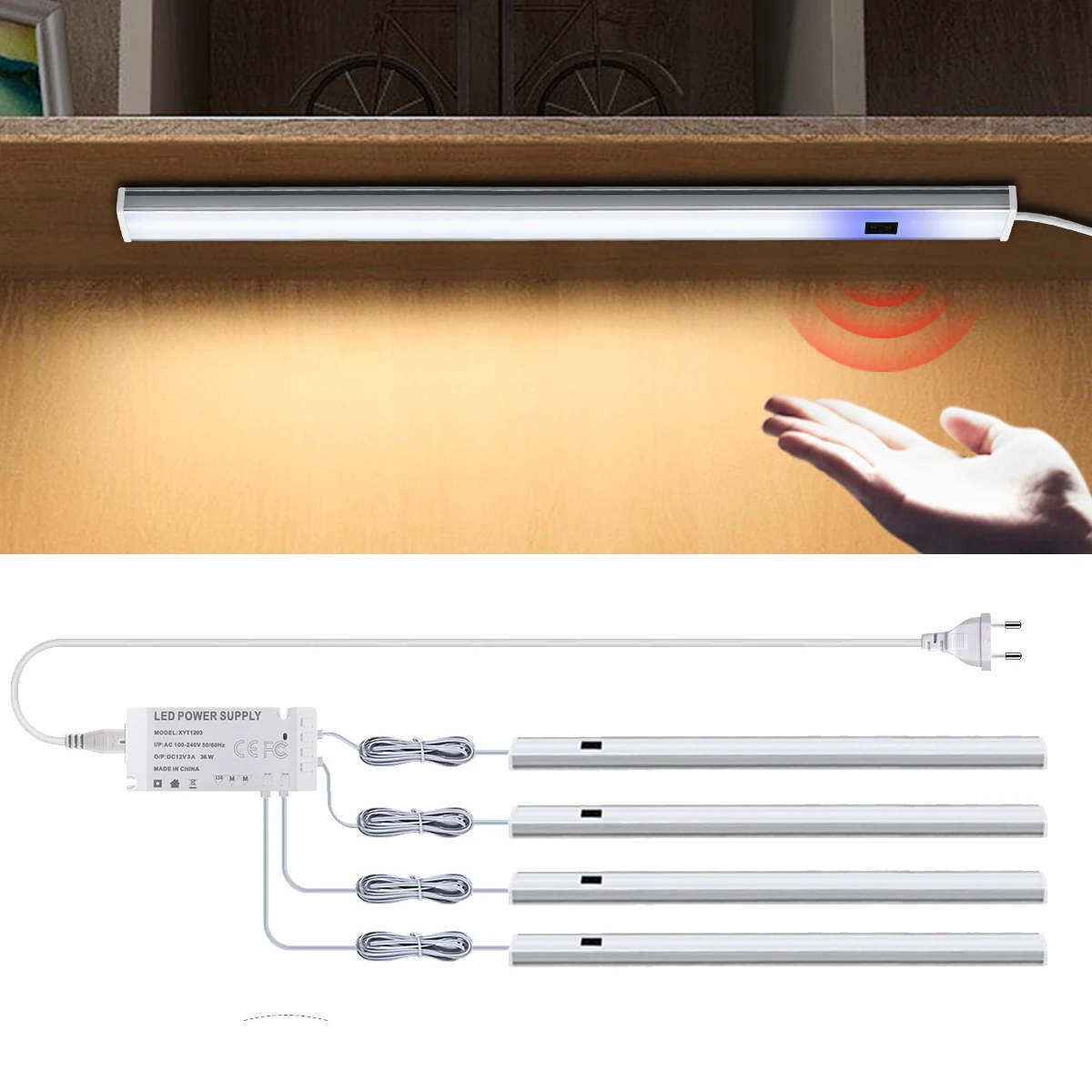 

12V Parallel Connection LED Cabinet Light Bar Lamp Kit 30/40/50cm Hand Scan Sensor Switch Closet kitchen Lights With Power Plug