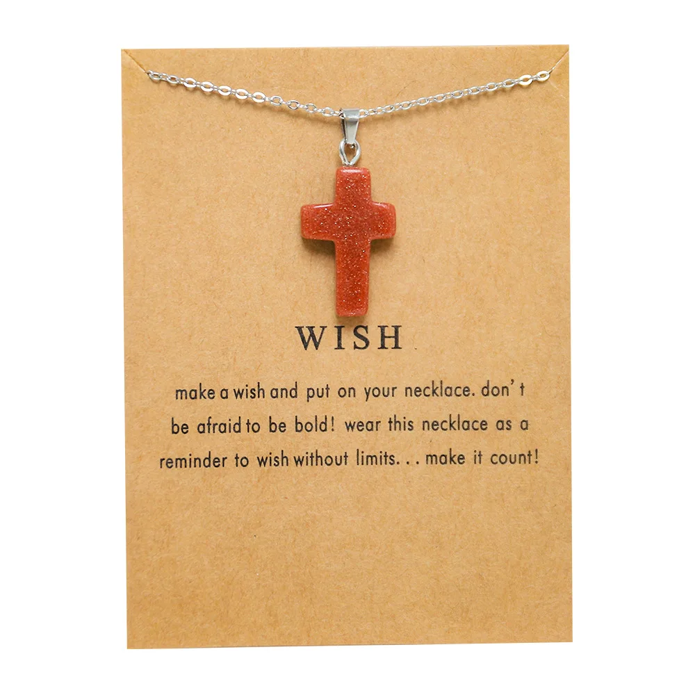 New Trendy Fashion Alloy Silver Color Wish Card Glass Natural Stone Cross Pendent Necklace for Women Girl Gift Birthday Jewelry