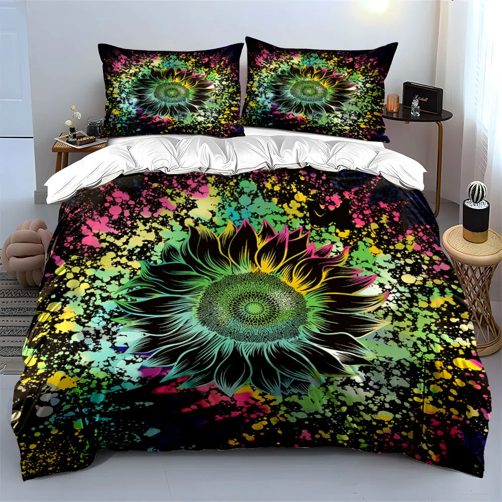 Colorful Splattered Sunflower Art Bedding Set for Kids Luxury Gift 3pcs Digital Print Comforter Set Soft Comfortable Breathable