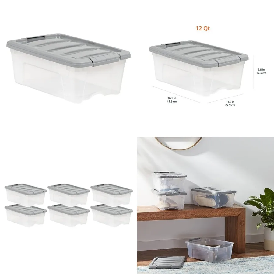 

Plastic Storage Containers with Secure Latching Lids, Stackable Organization Bins for Organizing, Clear/Grey, 12 Quart, Set of