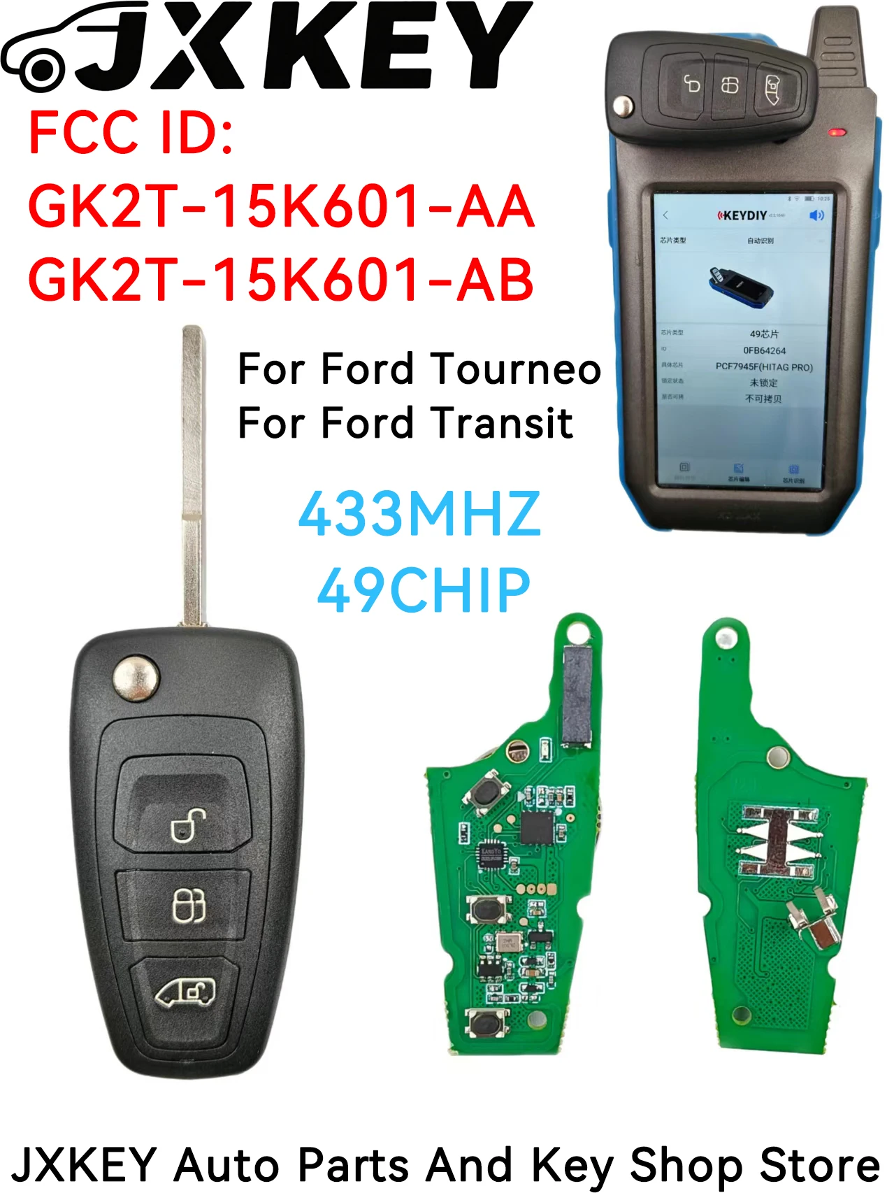 Three-button Liberty flip remote car key, suitable For Ford Transit Custom Tourneo 2015 model, ID49 , 433MHZ,GK2T-15K601-AB/AA