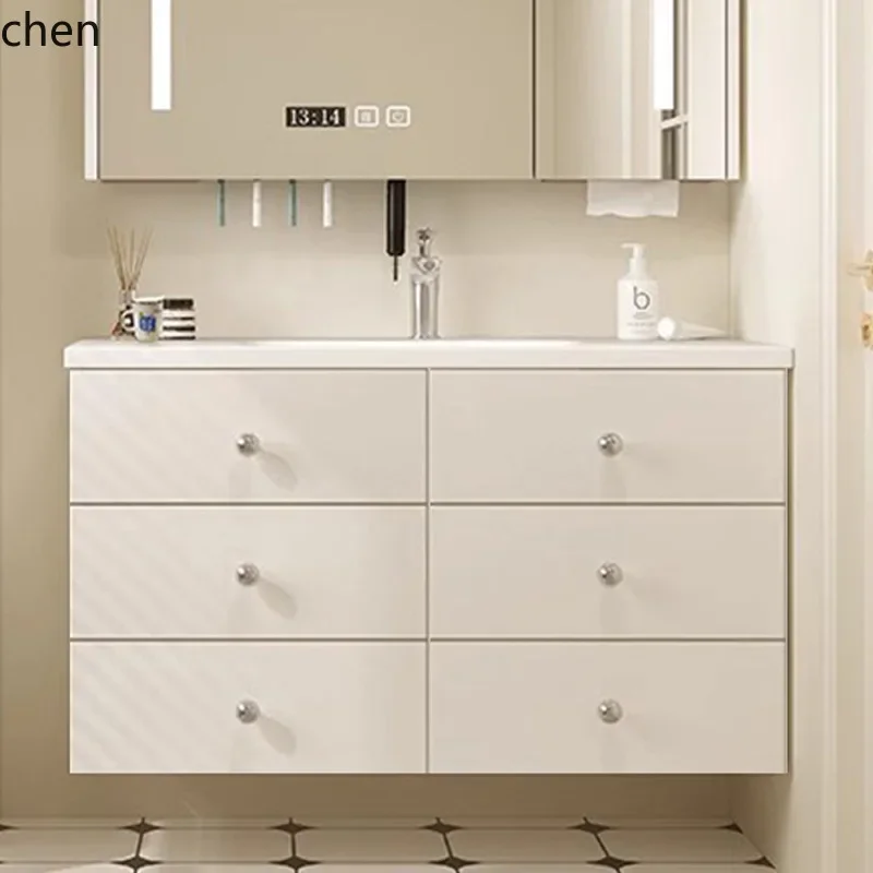 

HYS Stainless Steel Vintage Style Retro Wood Grain Bathroom Cabinet Set with Ceramic Integrated Basin Washstand Factory