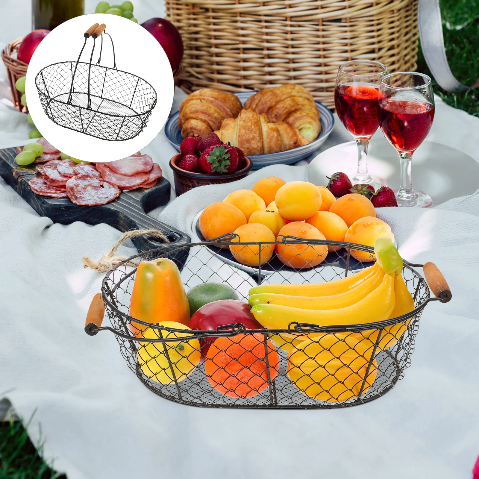 

Metal Basket Wood Handle Vintage Iron Wire Basket Rustic Farmhouse Kitchen Pantry Sundries Storage Firewood Egg Display