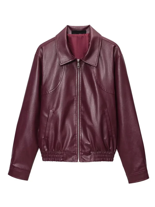 Jaet en cuir rouge femmes automne hiver nouveau Sle américain rétro Simple col rabattu Long Sve fermeture éclair manteau en cuir synthétique polyuréthane