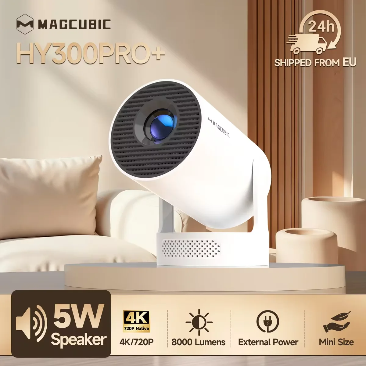 Magcubic HY300 Pro + 4K Android 11 Proyector portátil 8000 lúmenes WiFi 6 BT5.4 Cine al aire libre 5W Altavoz HiFi 720P HD compatible