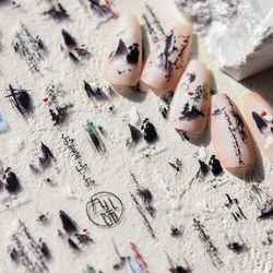 1 pc5D ancient ink painting mountain nail sticker black Chinese calligraphy poem crane self-adhesive nail art decorative sticker