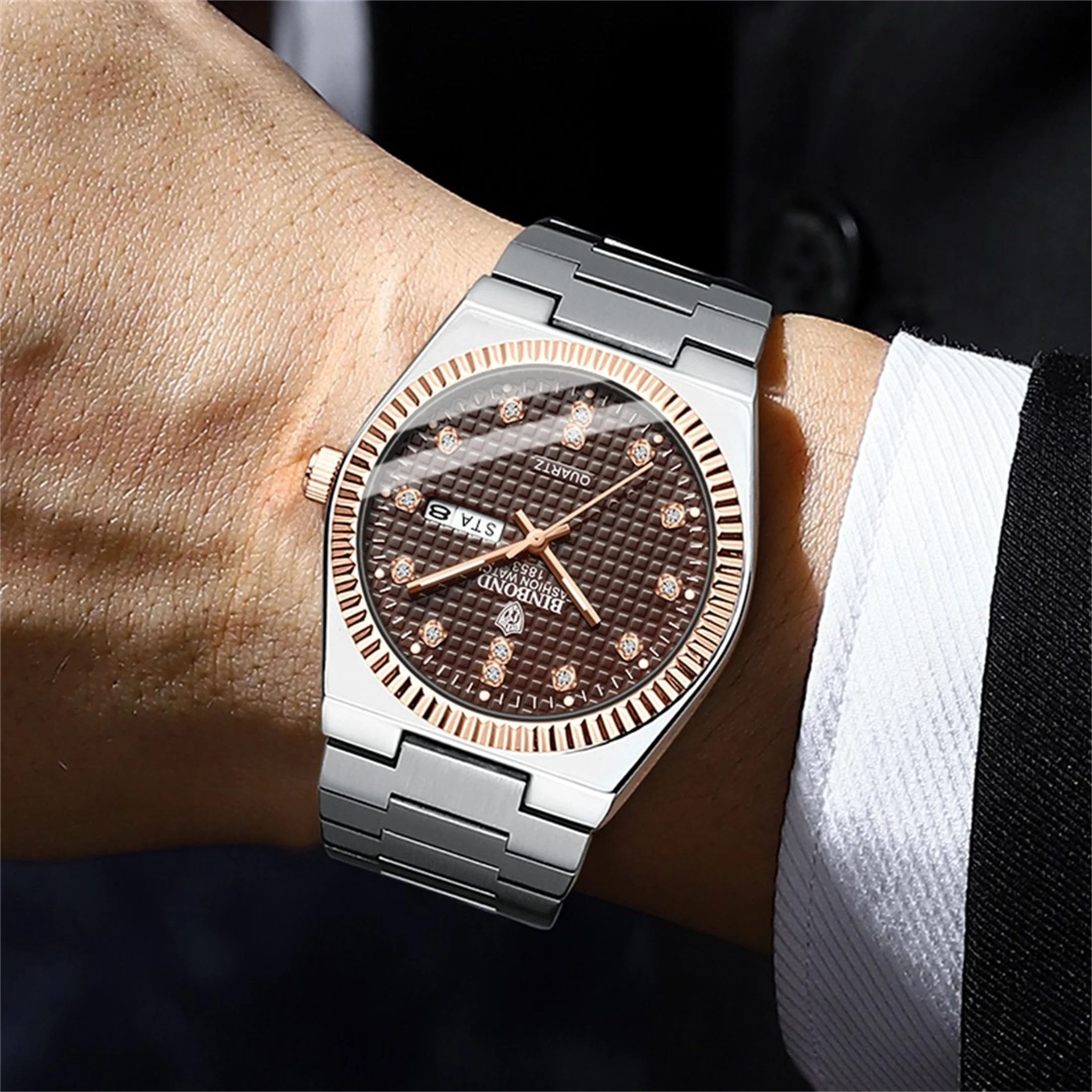 Business Watch Men\'s Watch 30M Waterproof Calendar Date Function Rhinestone Stainless Steel Watchband Male Quartz Watch Gift 103