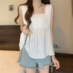 Plus Size Sleeveless Loose Sexy Tanks Summer New Solid Color All-match Pleated Sweet T Shirt Tops Fashion Korean Women Clothing