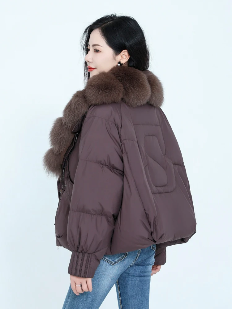 سترة نسائية فاخرة بياقة من الفرو الحقيقي للشتاء الدافئ 2026 معطف منتفخ قصير عالي الجودة ملابس خارجية كبيرة الحجم للسيدات INKEO DJ630