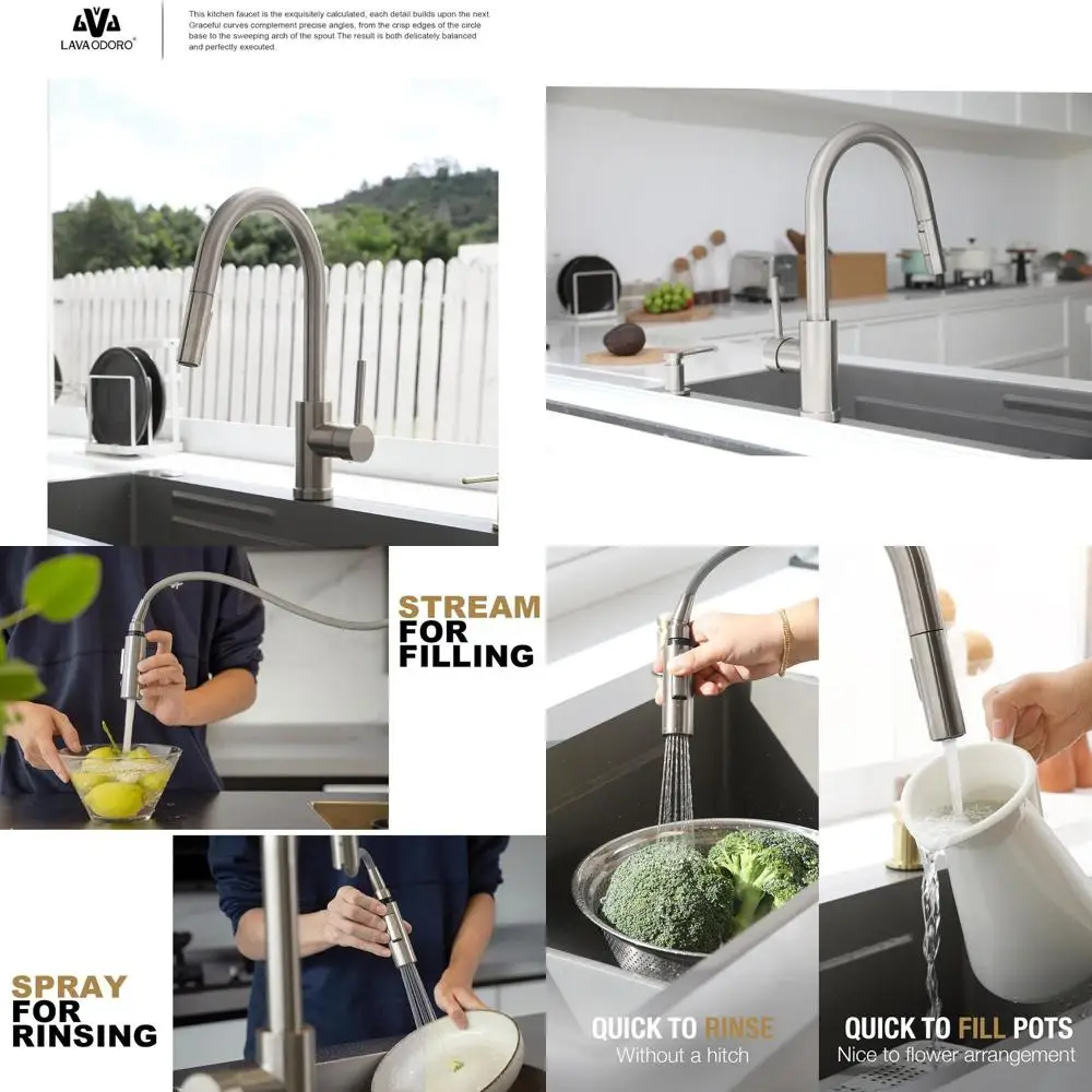 

Pull-Down Spray Single Hole Kitchen Faucet in Brushed Nickel with Dual-Function Spray, Model K1120-BN