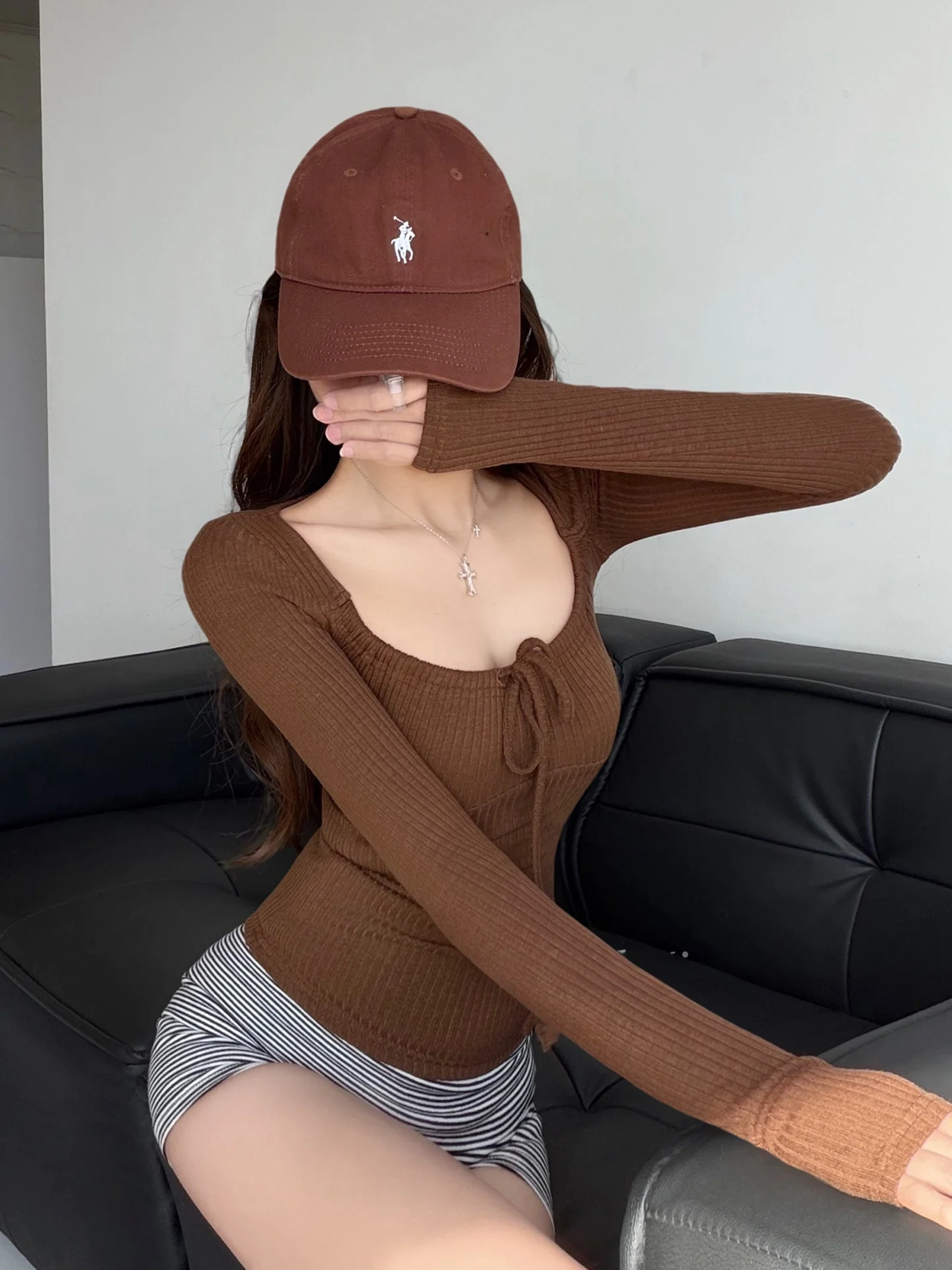 White Enhancing Long Sleeve T-Shirt Women's Spring Autumn Plaid Square Collar Binding Bandita Style Base Shirt Top