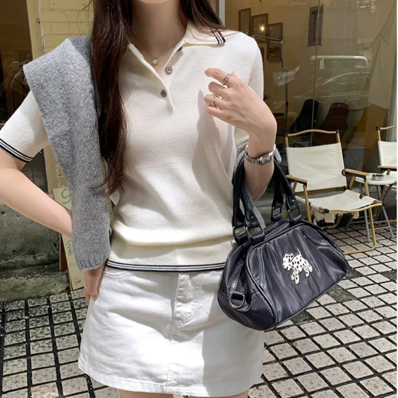 

Женский укороченный трикотажный топ-поло с коротким рукавом, летний, 2026, для гольфа, в стиле ретро, преппи, теннисный, для подростков