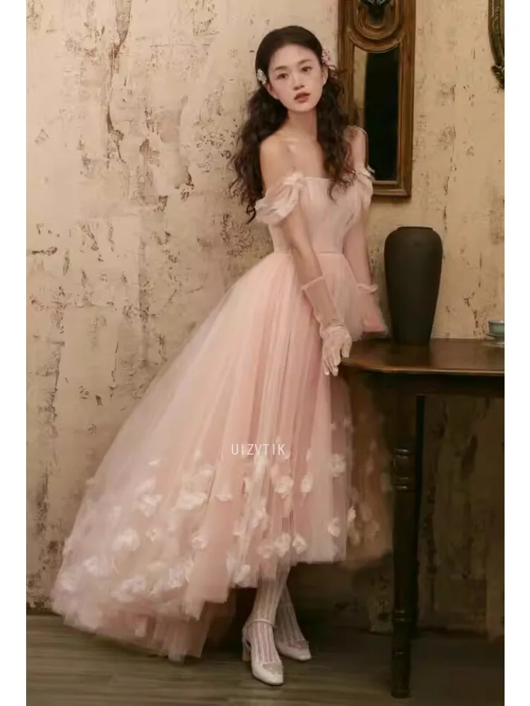 Rosa Brautkleider mit Applikationen 2025, schulterfrei, knöchellang, Abendpartykleid, maßgeschneidertes Abschlussballkleid für formelle Anlässe