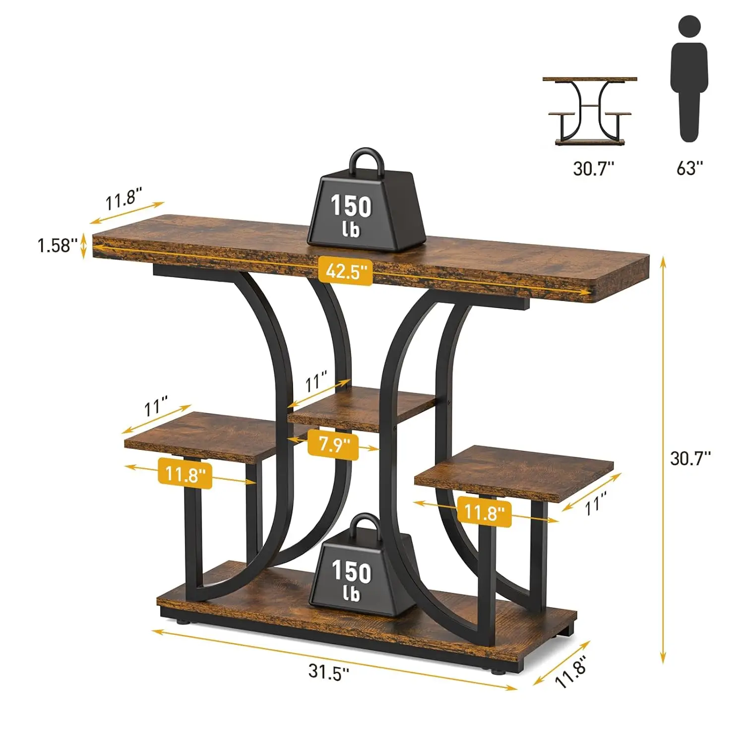 42.5" Console Table, Industrial 4-Tier Sofa Table Entryway Table with Curved Base, Narrow Wood Accent Tables with Storage Shelve