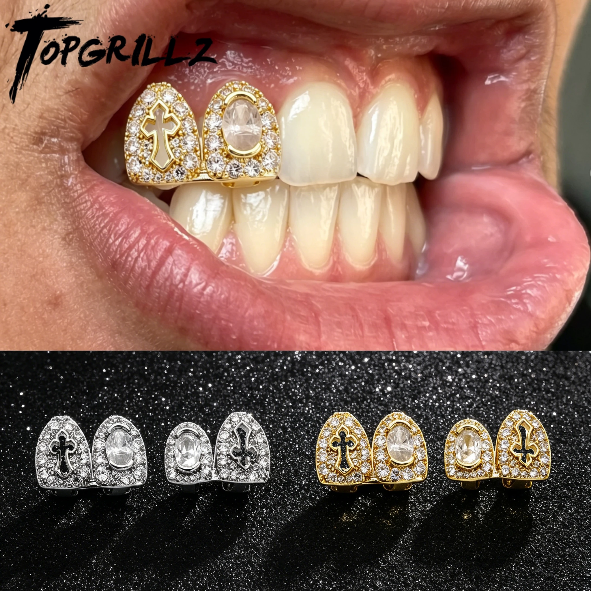 TOPGRILLZ Luxury Hip Hop Grillz 2 Tooth Set Cross And Big Stone Zircon Iced Out Grills For Women Men Jewelry