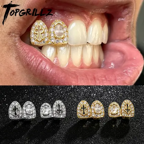 TOPGRILLZ Luxury Hip Hop Grillz 2 Tooth Set Cross And Big Stone Zircon Iced Out Grills For Women Men Jewelry