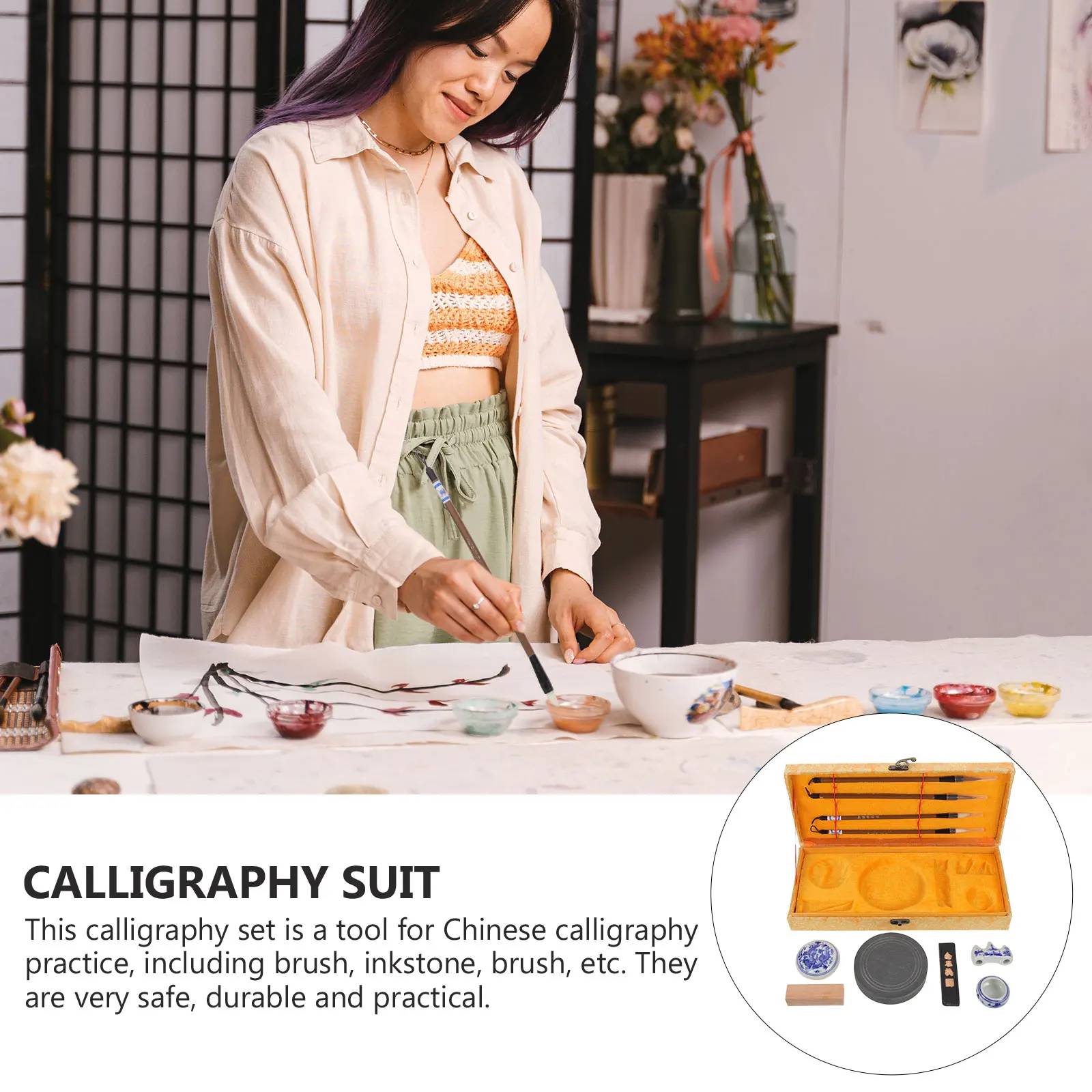 

1Set Chinese Ink Stone Portable Ink Stick Practicing Writing Brush Calligraphy Supplies for Students and Beginners