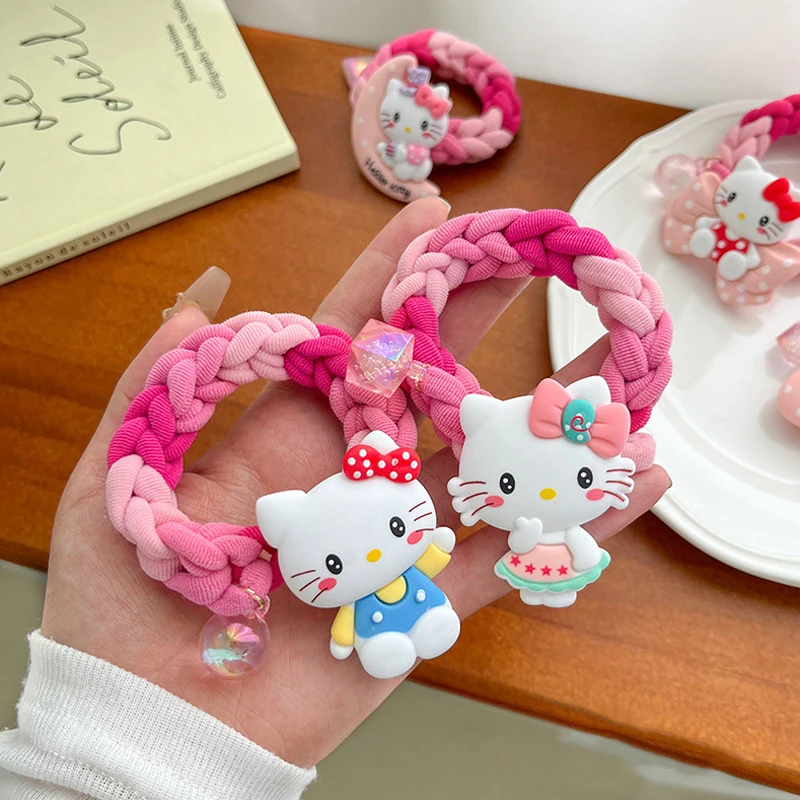 Kreskówka Śliczny kolorowy splot Kucyk Sznur do włosów Hello Kitty Opaska do włosów Kreatywne elastyczne gumki Dziewczyna Słodkie akcesoria do włosów