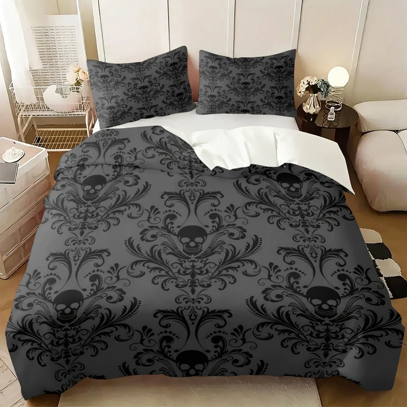 Vintage Dark Gothic Skull Damask Print Duvet Cover Set Gray Baroque Floral Bedding Comforter Cover Pillowcases Goth All Bed Size