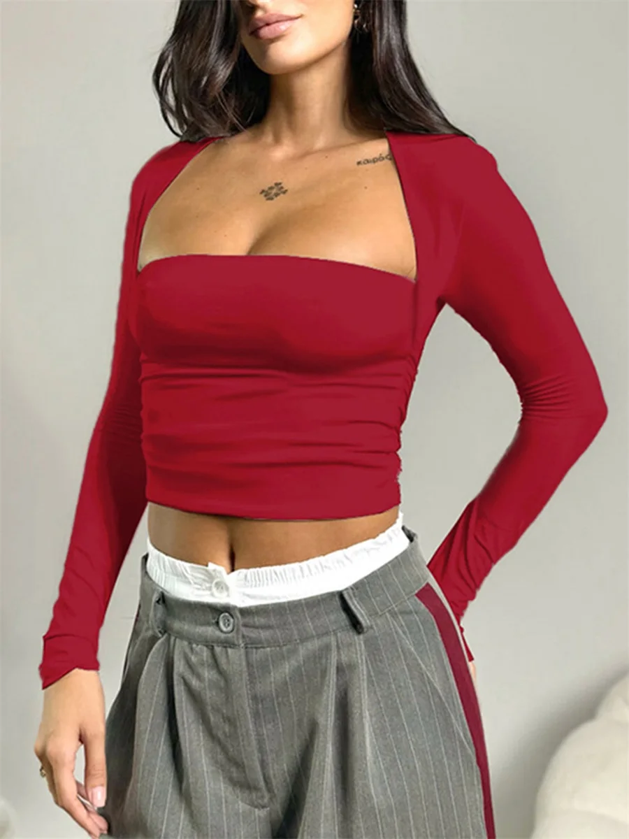 Women s Autumn Fashion Crop Tops Elegant Ruffle Detail Fitted Ribbed Long Sleeve Tee Shirt with Twist Front Hem