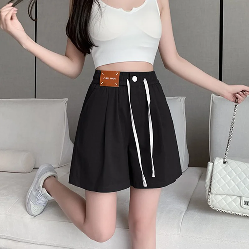 Korean Fashion Summer New Women's Elastic Waist Drawstring Pocket Simplicity Versatile High Waist Loose A-line Wide Leg Shorts